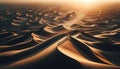 An AI illustration of desert scene with many people walking up the dunes at sunrise