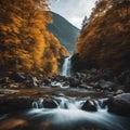 An AI illustration of a river flowing over rocks in front of a waterfall with trees on the right Royalty Free Stock Photo