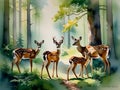 AI illustration of a scenic painting of deer and foliage near a water source