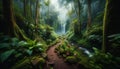 An AI illustration of a path surrounded by trees in the woods with water flowing