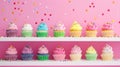 AI illustration of a selection of colorful cupcakes on a shelf.