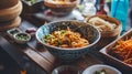 AI illustration of A selection of fresh vegetables arranged in multiple bowls on a dining table. Royalty Free Stock Photo