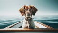 AI illustration of a serene spaniel dog sitting at the bow of a boat. Royalty Free Stock Photo