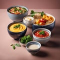 An AI illustration of a set of five bowls containing soup, broccoli, tomatoes and other vegetables