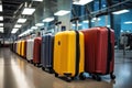 An AI illustration of several different colored suitcases sit in line, with wheels facing the same d