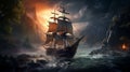 An AI illustration of the ship is on the choppy water in a storm
