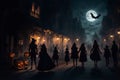 AI illustration of silhouettes of people on the street on Halloween night Royalty Free Stock Photo