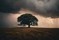 An AI illustration of a single tree in the middle of a field under cloudy skies Royalty Free Stock Photo