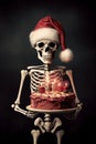 AI illustration of a skeleton adorned with a Santa hat and holding a birthday cake with candles lit. Royalty Free Stock Photo