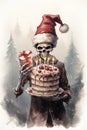 AI illustration of a skeleton adorned with a Santa hat and holding a birthday cake with candles lit. Royalty Free Stock Photo