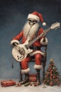 AI illustration of a skeleton in a Santa Claus outfit strumming a guitar.