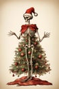 AI illustration of A skeleton wearing a Santa Claus hat standing alongside a Christmas tree. Royalty Free Stock Photo