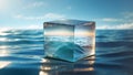 AI illustration of a small block of ice floating on the surface of a blue body of water