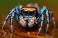 An AI illustration of a blue jumping spider sitting on top of a brown table