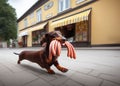 AI illustration of a small brown dachshund running with stolen sausages.