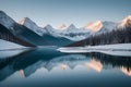 AI illustration of a snowy lake view surrounded by mountains