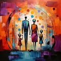 An AI illustration of some people and their child walking in the rain with colorful circles