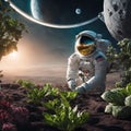 An AI illustration of an astronaut in space walking through the desert, surrounded by vegetables