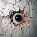 AI illustration of a spooky green eye peeking through a crack in an aged concrete building
