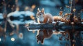 An AI illustration of squirrel is sitting on a log in the water with its paws crossed