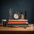 An AI illustration of a stack of books, candles and a clock sitting on a table