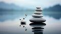 AI illustration of a stack of stones arranged on the surface of a tranquil body of water.