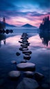 An AI illustration of stepping stones are arranged in the water at sunset, with mountains in the dis Royalty Free Stock Photo