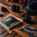 An AI illustration of a camera, photos and an old book sit on a wooden table Royalty Free Stock Photo