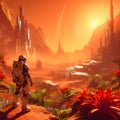 An AI illustration of star wars is shown in an orange desert area with plants and planets