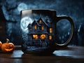 An AI illustration of halloween themed mug with two jack and jill pumpkins on the front