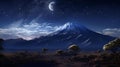 AI illustration of a striking landscape featuring a mountain capped with stars and dramatic clouds