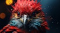 An AI illustration of this bird is red, yellow and blue with feathers and water drops on it '