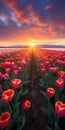 An AI illustration of a field full of red and yellow tulips with the sun setting in the Royalty Free Stock Photo