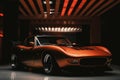 AI illustration of a stylish retro-futuristic cabrio car in orange color, inside a dark garage.