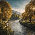 An AI illustration of the sun shines over a small river and town on a cloudy day Royalty Free Stock Photo