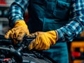 AI illustration of a technician wearing protective gloves inspecting the oil level of a vehicle.