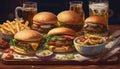 An AI illustration of there are many burgers, fries and beer on the tray