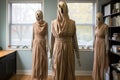 An AI illustration of three brown dresses that are on mannequins in a room Royalty Free Stock Photo