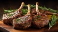 An AI illustration of three grilled lamb chops with rosemary sprigs and garlic Royalty Free Stock Photo