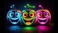 An AI illustration of three halloween jack and jill pumpkins with glowing eyes and mouths