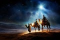 An AI illustration of three men and a camel following in a star - filled sky