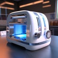 An AI illustration of the toaster on the counter is glowing blue in the middle of the room