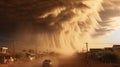 AI illustration of a towering dust storm cloud illuminated the sky, looming above a row of buildings