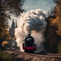 AI illustration of a train travelling along the railway tracks while emitting a white smoke