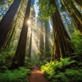 An AI illustration of sun rays in the forest next to tall trees and ferns