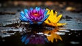 An AI illustration of two waterlilies floating in a pond with rain drops