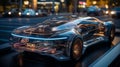 An AI illustration of a transparent, car is on the street at night in front of a city street