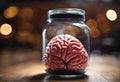 An AI illustration of a glass jar with a human brain inside sitting on a wooden table Royalty Free Stock Photo