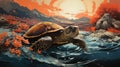 An AI illustration of a turtle is in the water and water waves coming out from it Royalty Free Stock Photo