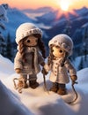 An AI illustration of two knitted dolls standing in the snow, with mountains in the background